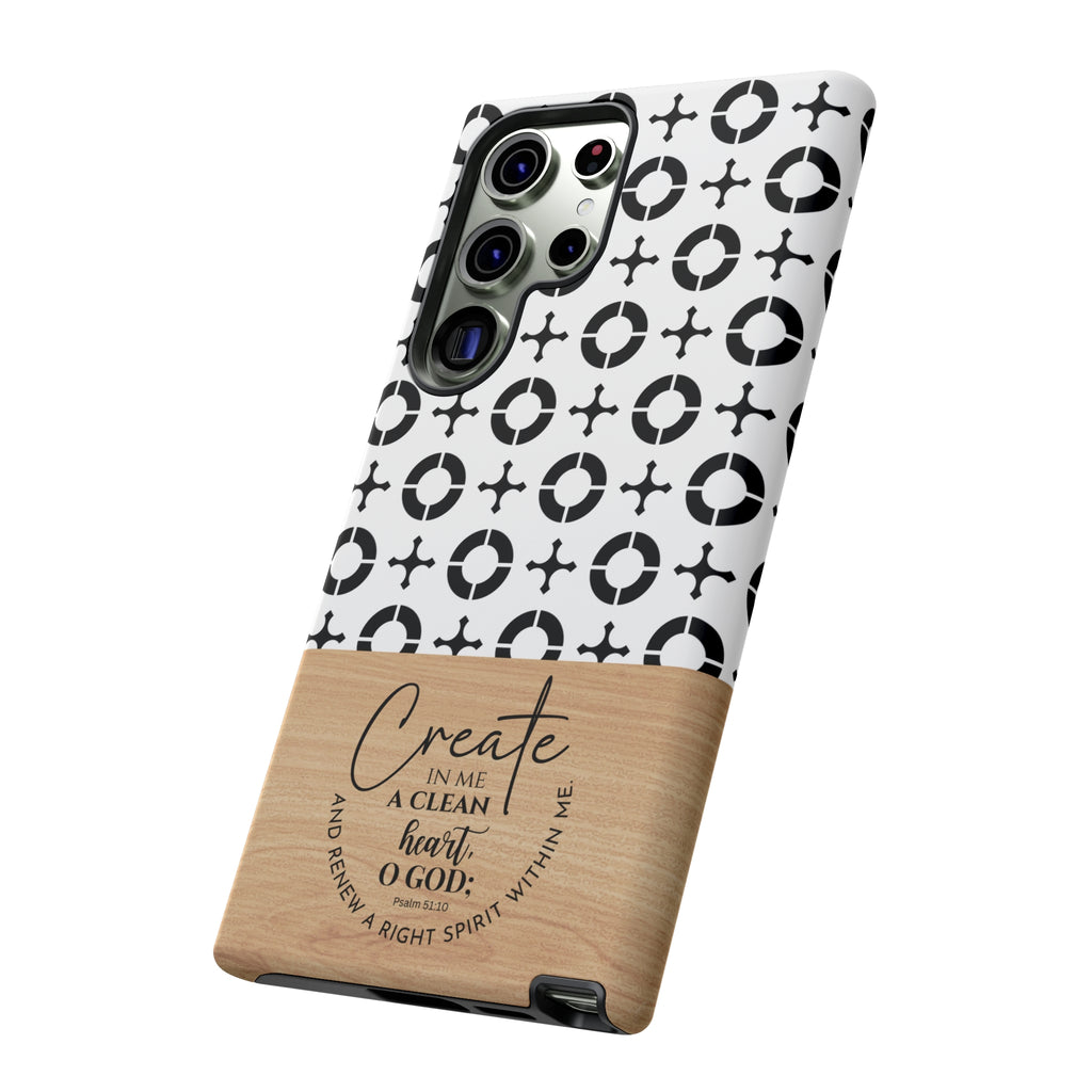 Psalm 51:10 Phone Case Create In Me A Clean Heart Tile Cross Wood Pattern iPhone Samsung Google Pixel Phone Case