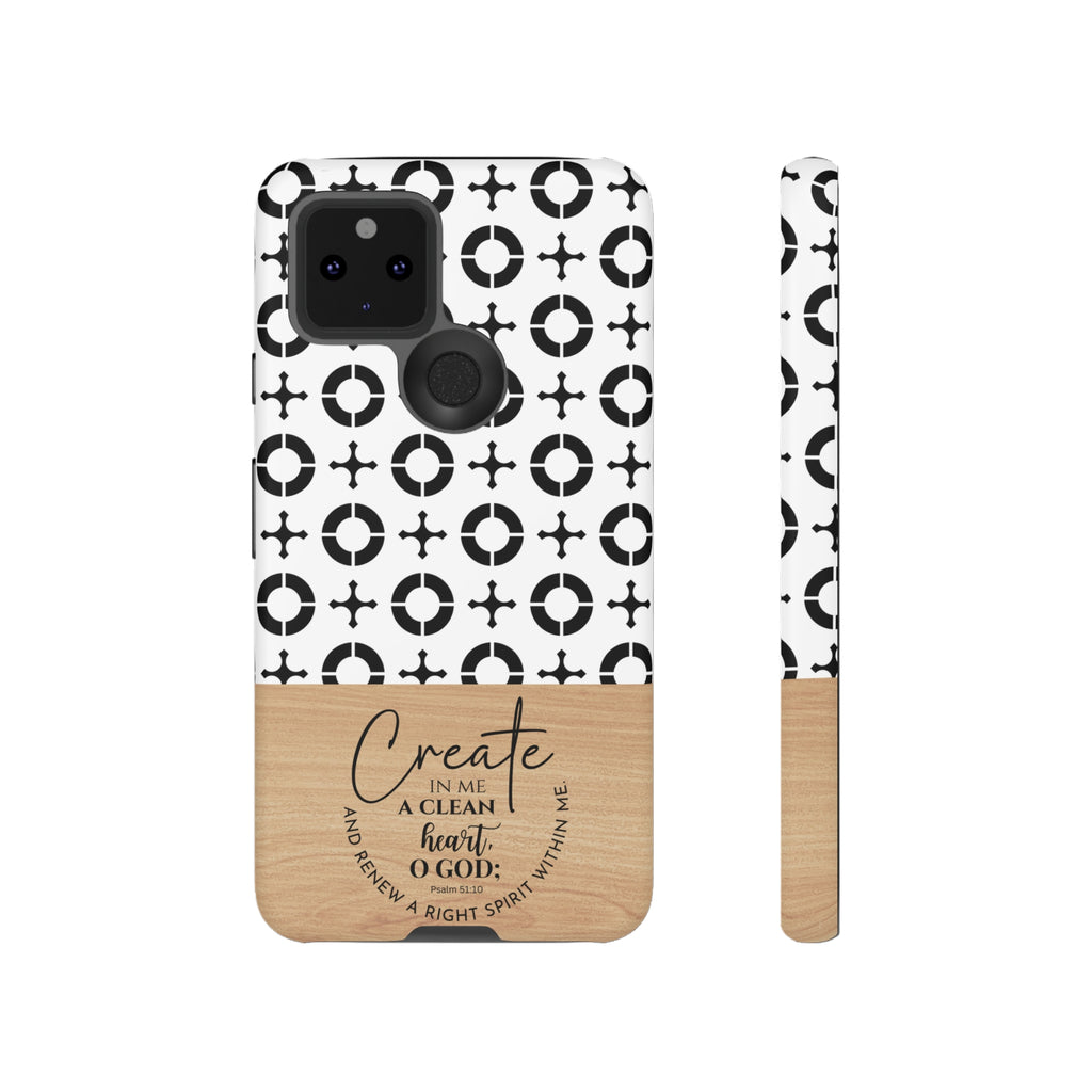 Psalm 51:10 Phone Case Create In Me A Clean Heart Tile Cross Wood Pattern iPhone Samsung Google Pixel Phone Case