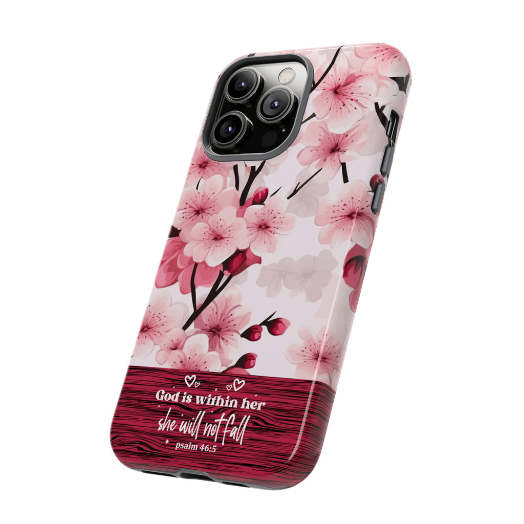 God Is Within Her Psalm 46:5 Floral Cherry Blossom Premium Christian iPhone Samsung Galaxy Google Pixel Phone Case