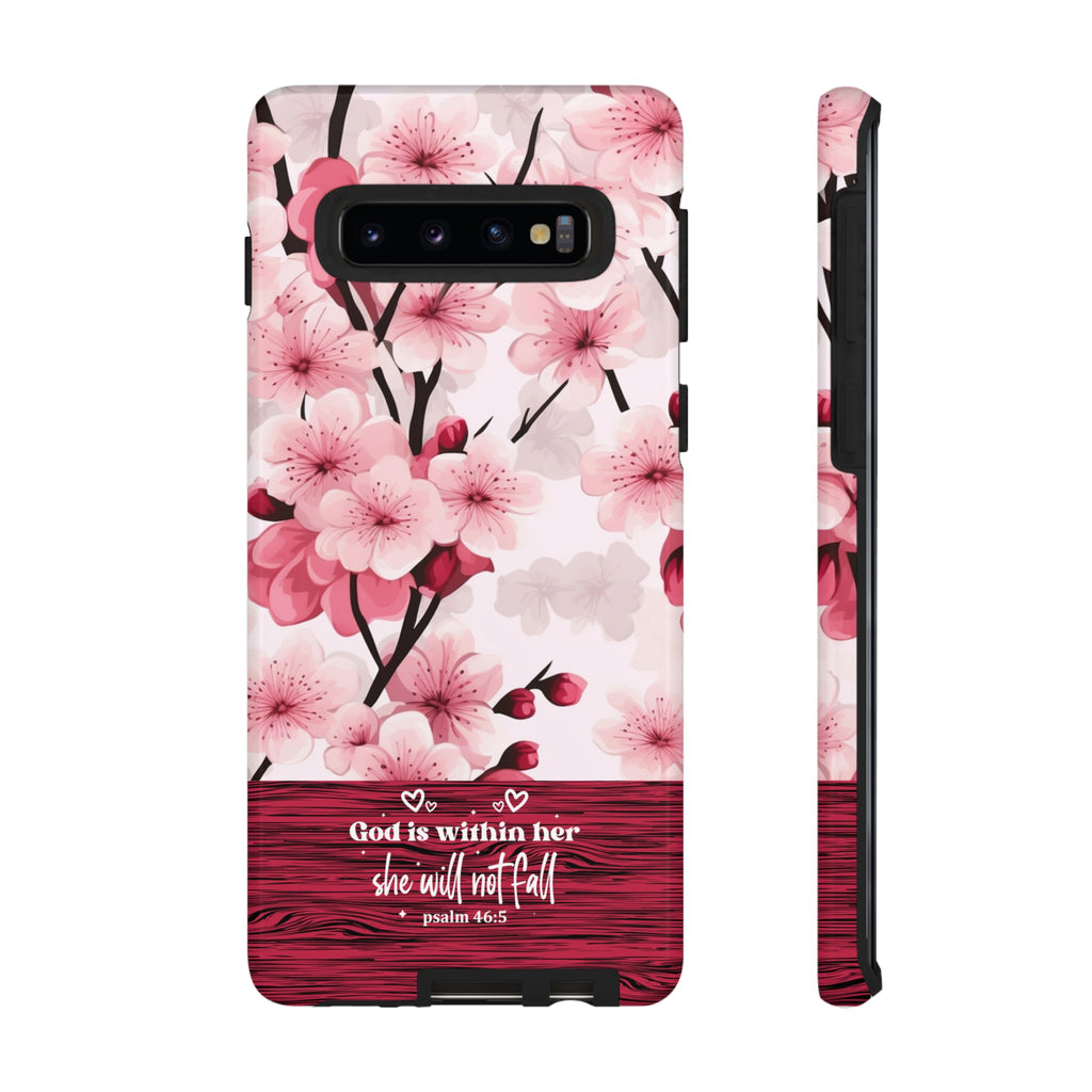 God Is Within Her Psalm 46:5 Floral Cherry Blossom Premium Christian iPhone Samsung Galaxy Google Pixel Phone Case