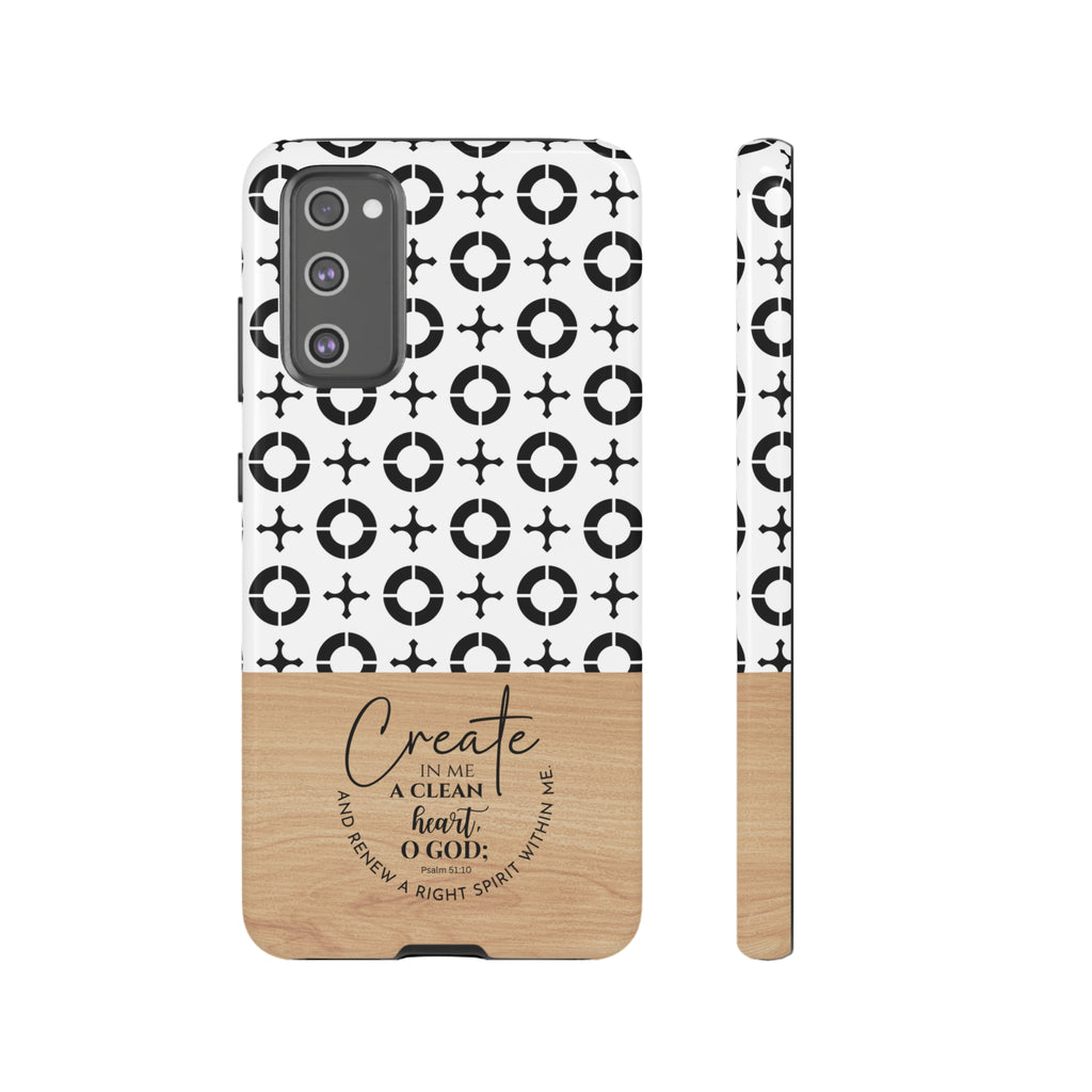 Psalm 51:10 Phone Case Create In Me A Clean Heart Tile Cross Wood Pattern iPhone Samsung Google Pixel Phone Case