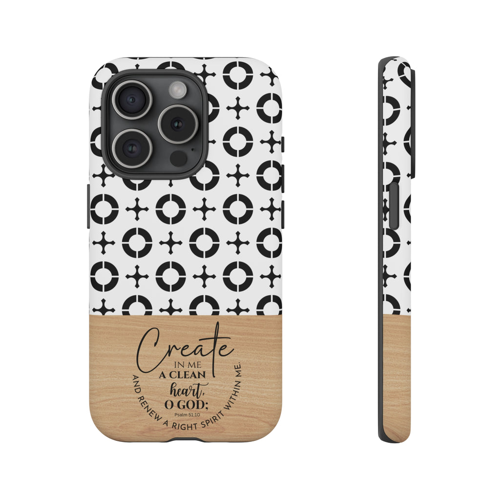 Psalm 51:10 Phone Case Create In Me A Clean Heart Tile Cross Wood Pattern iPhone Samsung Google Pixel Phone Case