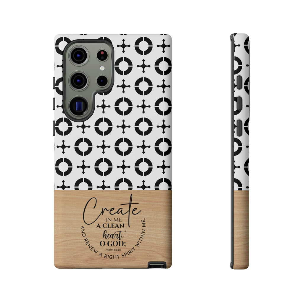 Psalm 51:10 Phone Case Create In Me A Clean Heart Tile Cross Wood Pattern iPhone Samsung Google Pixel Phone Case