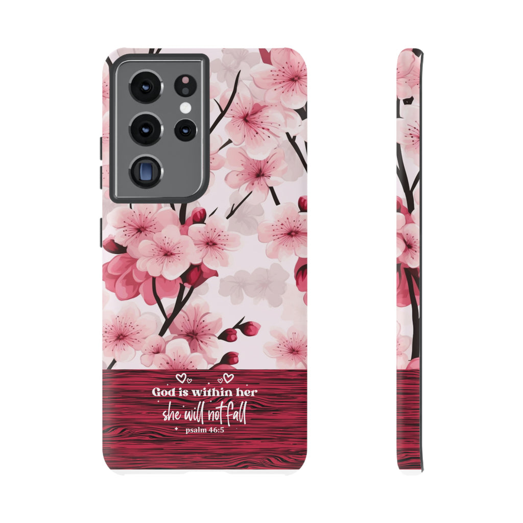 God Is Within Her Psalm 46:5 Floral Cherry Blossom Premium Christian iPhone Samsung Galaxy Google Pixel Phone Case