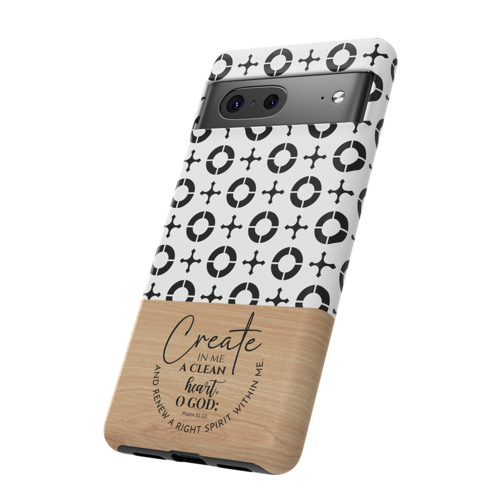 Psalm 51:10 Phone Case Create In Me A Clean Heart Tile Cross Wood Pattern iPhone Samsung Google Pixel Phone Case