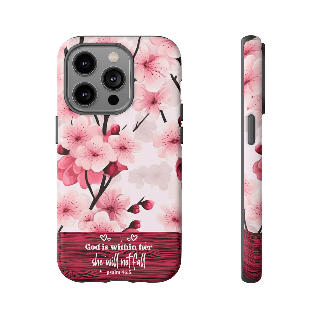 God Is Within Her Psalm 46:5 Floral Cherry Blossom Premium Christian iPhone Samsung Galaxy Google Pixel Phone Case