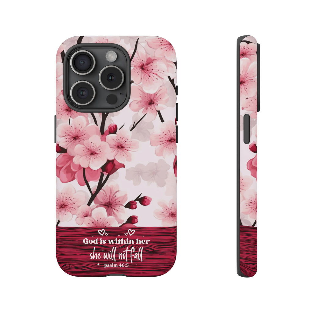 God Is Within Her Psalm 46:5 Floral Cherry Blossom Premium Christian iPhone Samsung Galaxy Google Pixel Phone Case