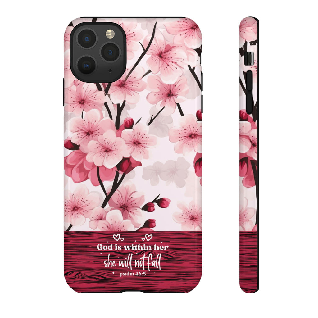 God Is Within Her Psalm 46:5 Floral Cherry Blossom Premium Christian iPhone Samsung Galaxy Google Pixel Phone Case