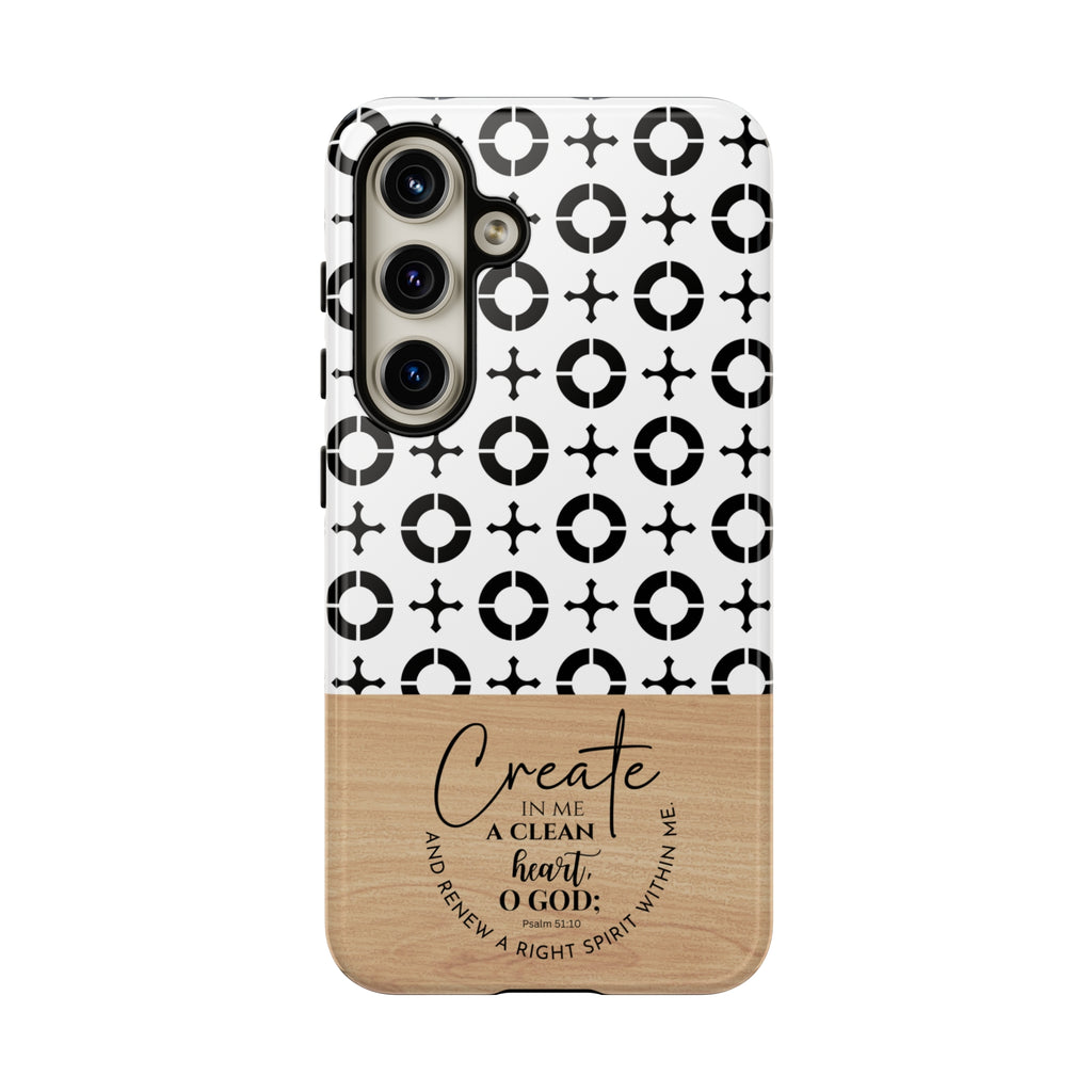 Psalm 51:10 Phone Case Create In Me A Clean Heart Tile Cross Wood Pattern iPhone Samsung Google Pixel Phone Case