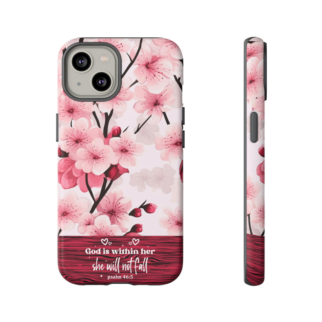 God Is Within Her Psalm 46:5 Floral Cherry Blossom Premium Christian iPhone Samsung Galaxy Google Pixel Phone Case