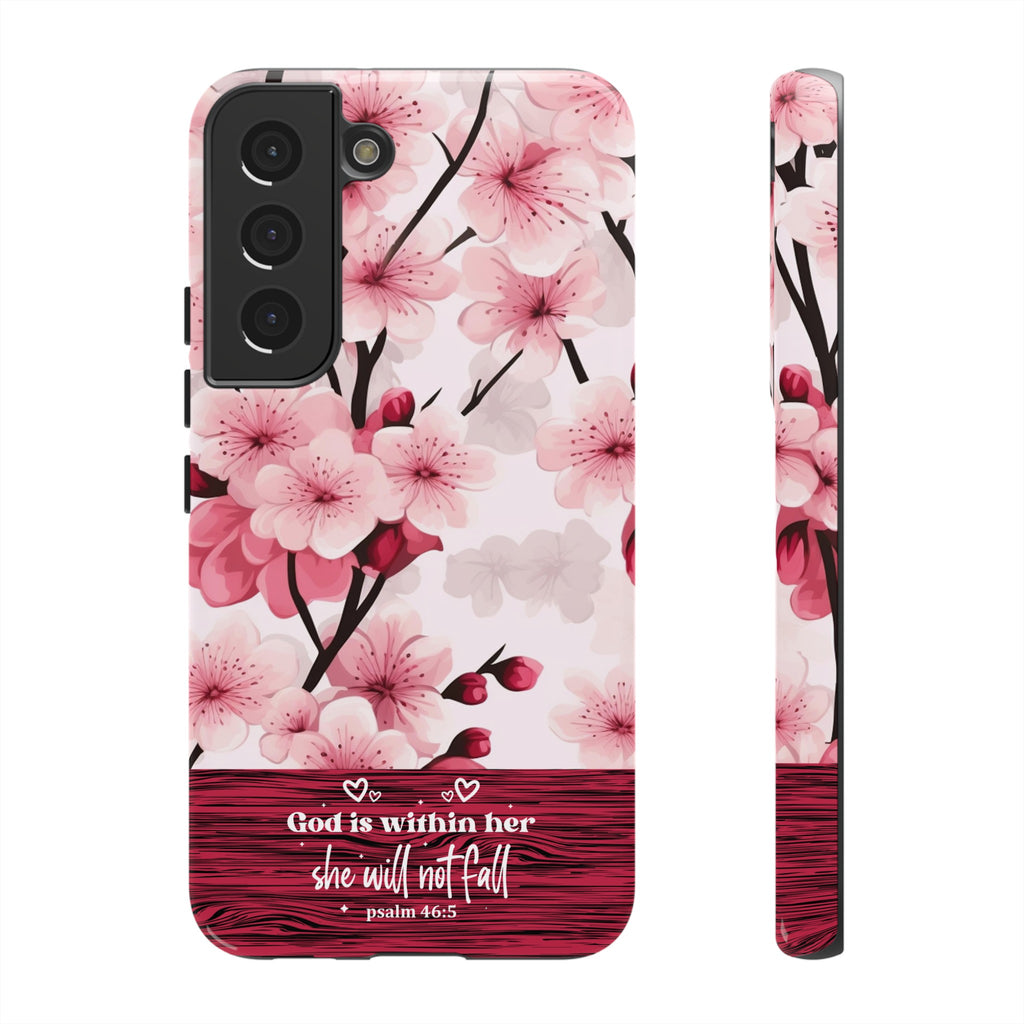 God Is Within Her Psalm 46:5 Floral Cherry Blossom Premium Christian iPhone Samsung Galaxy Google Pixel Phone Case