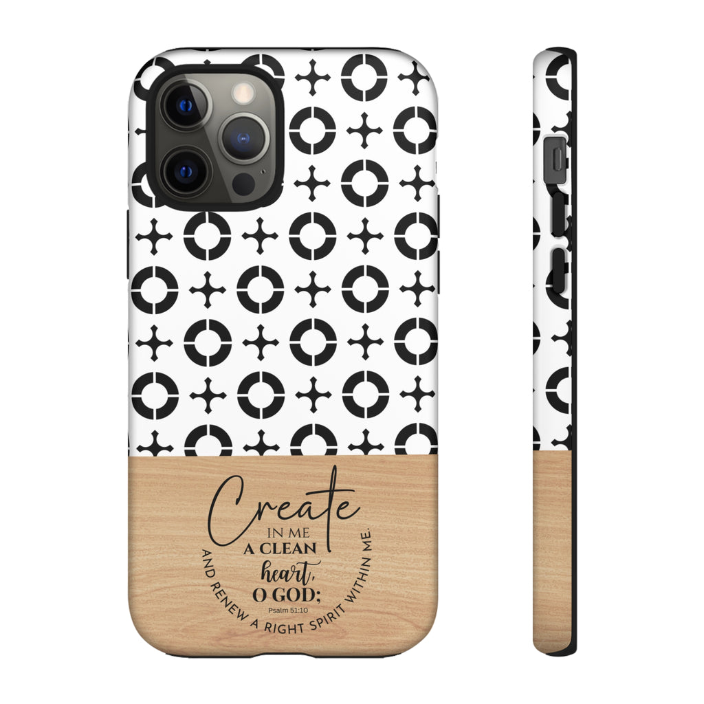 Psalm 51:10 Phone Case Create In Me A Clean Heart Tile Cross Wood Pattern iPhone Samsung Google Pixel Phone Case