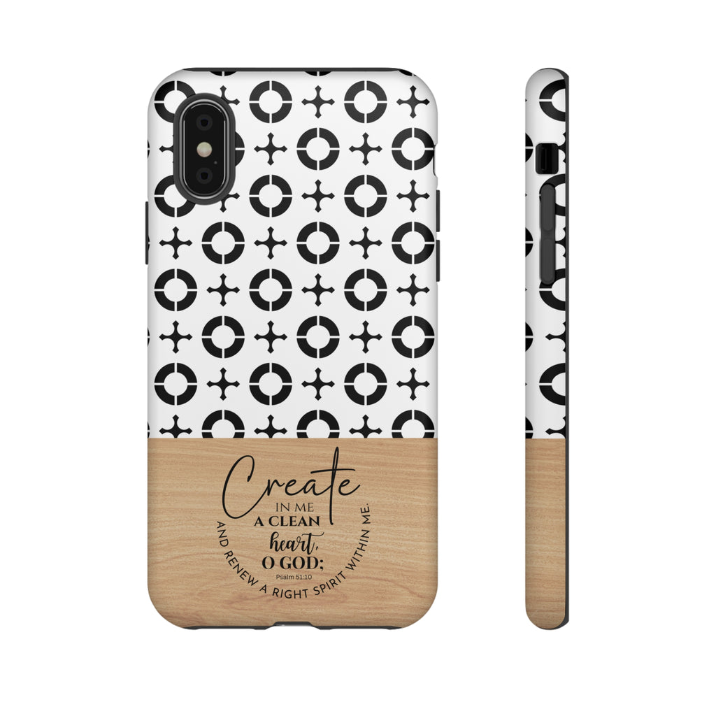 Psalm 51:10 Phone Case Create In Me A Clean Heart Tile Cross Wood Pattern iPhone Samsung Google Pixel Phone Case