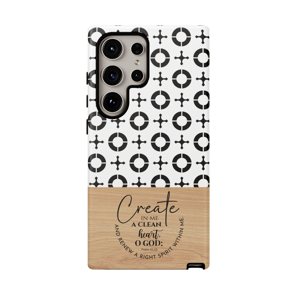 Psalm 51:10 Phone Case Create In Me A Clean Heart Tile Cross Wood Pattern iPhone Samsung Google Pixel Phone Case