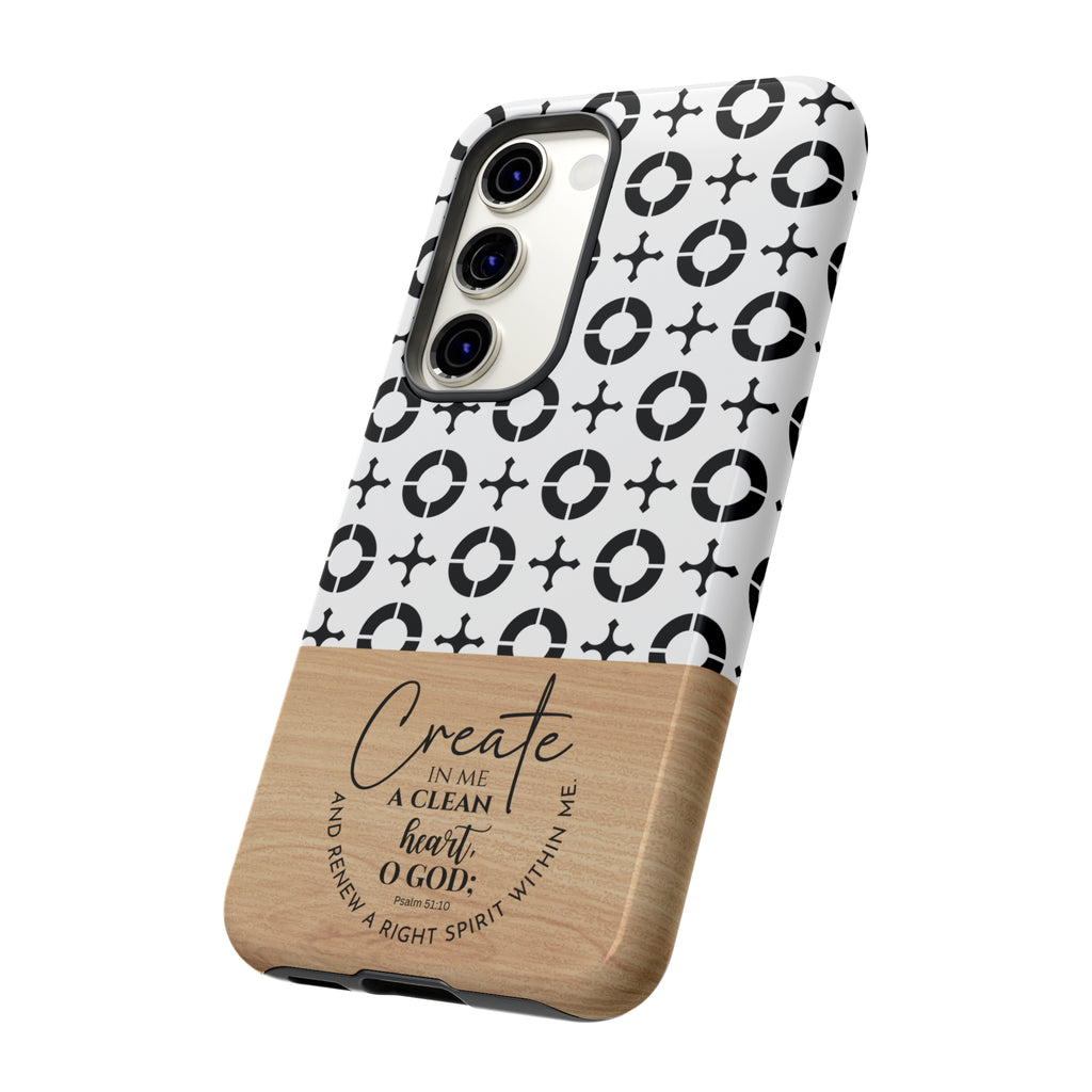 Psalm 51:10 Phone Case Create In Me A Clean Heart Tile Cross Wood Pattern iPhone Samsung Google Pixel Phone Case