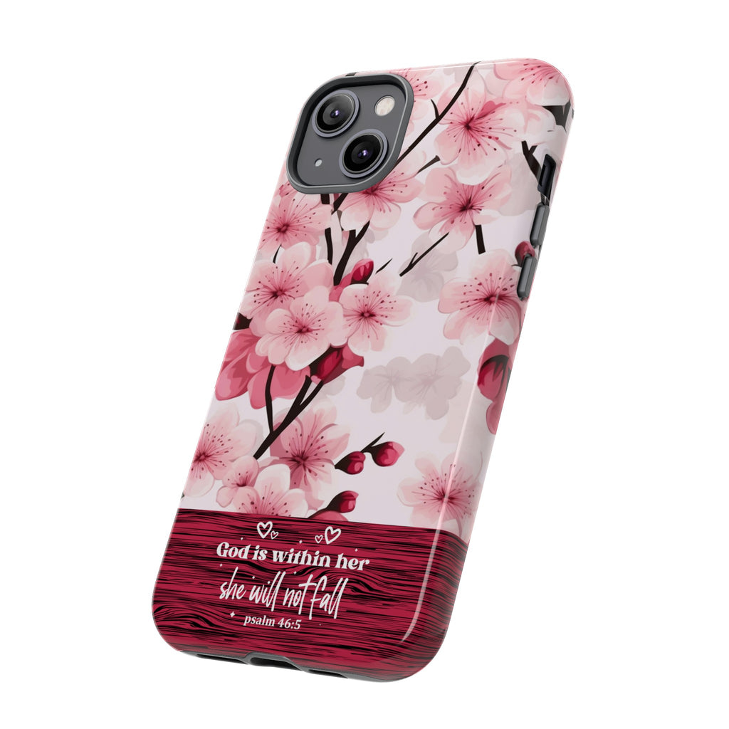 God Is Within Her Psalm 46:5 Floral Cherry Blossom Premium Christian iPhone Samsung Galaxy Google Pixel Phone Case