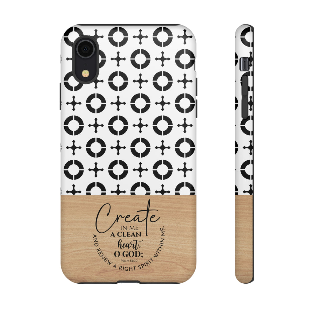 Psalm 51:10 Phone Case Create In Me A Clean Heart Tile Cross Wood Pattern iPhone Samsung Google Pixel Phone Case