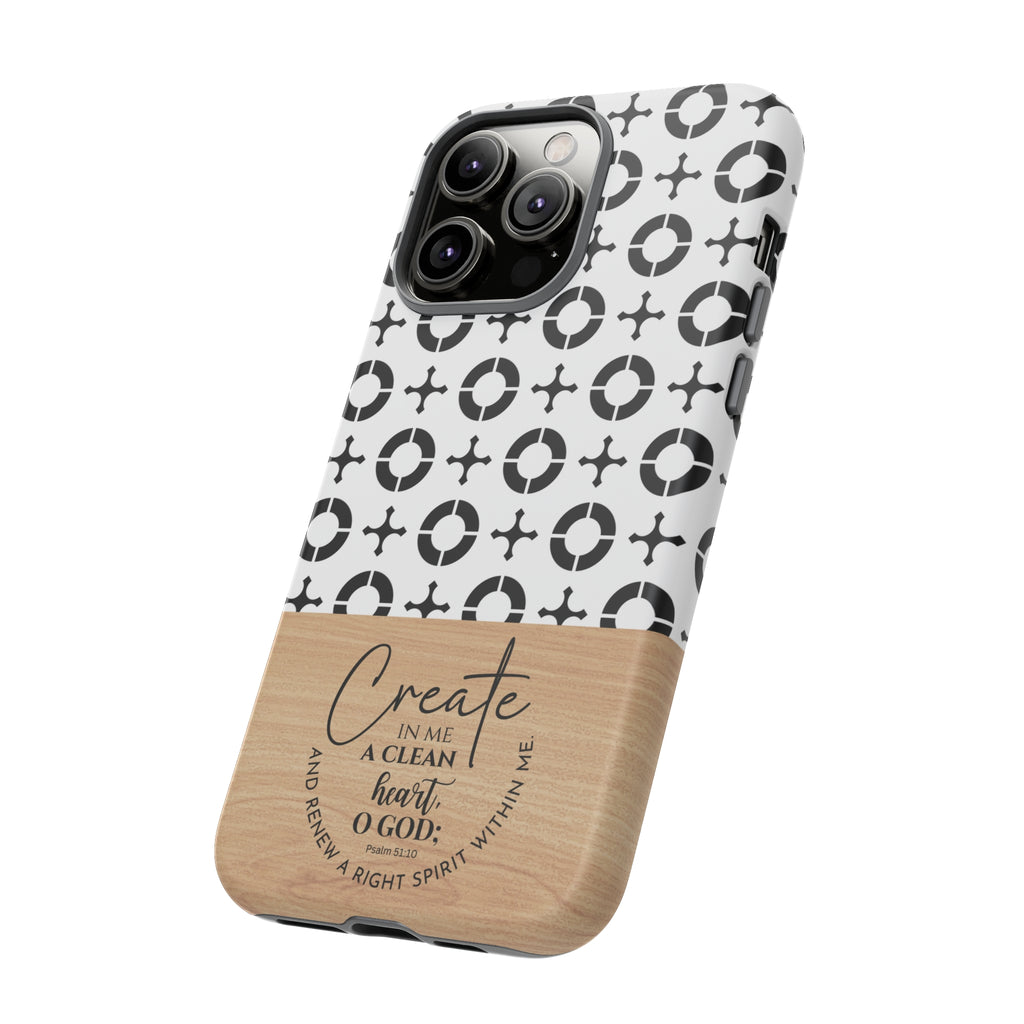 Psalm 51:10 Phone Case Create In Me A Clean Heart Tile Cross Wood Pattern iPhone Samsung Google Pixel Phone Case