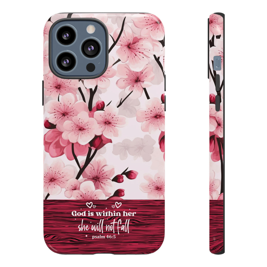 God Is Within Her Psalm 46:5 Floral Cherry Blossom Premium Christian iPhone Samsung Galaxy Google Pixel Phone Case