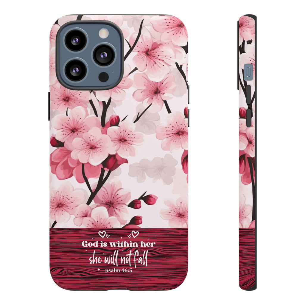 God Is Within Her Psalm 46:5 Floral Cherry Blossom Premium Christian iPhone Samsung Galaxy Google Pixel Phone Case