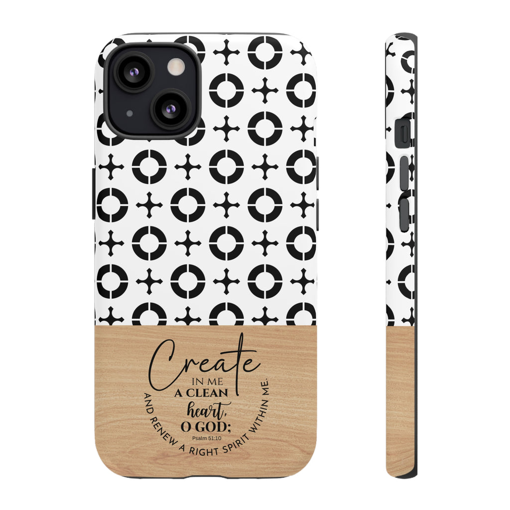 Psalm 51:10 Phone Case Create In Me A Clean Heart Tile Cross Wood Pattern iPhone Samsung Google Pixel Phone Case