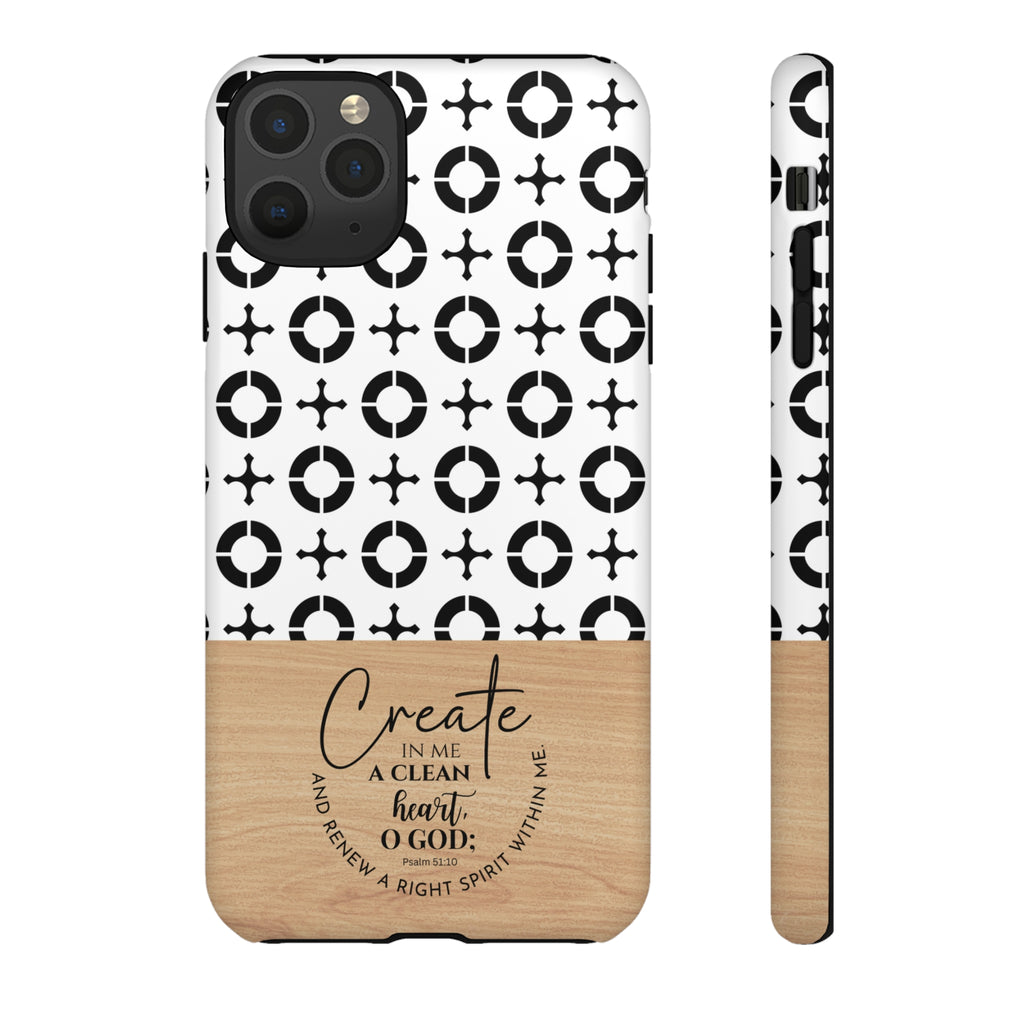Psalm 51:10 Phone Case Create In Me A Clean Heart Tile Cross Wood Pattern iPhone Samsung Google Pixel Phone Case