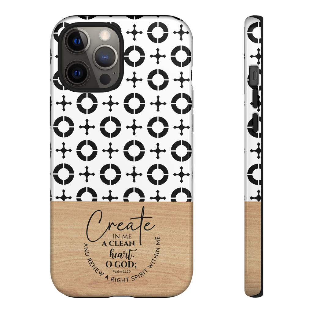 Psalm 51:10 Phone Case Create In Me A Clean Heart Tile Cross Wood Pattern iPhone Samsung Google Pixel Phone Case