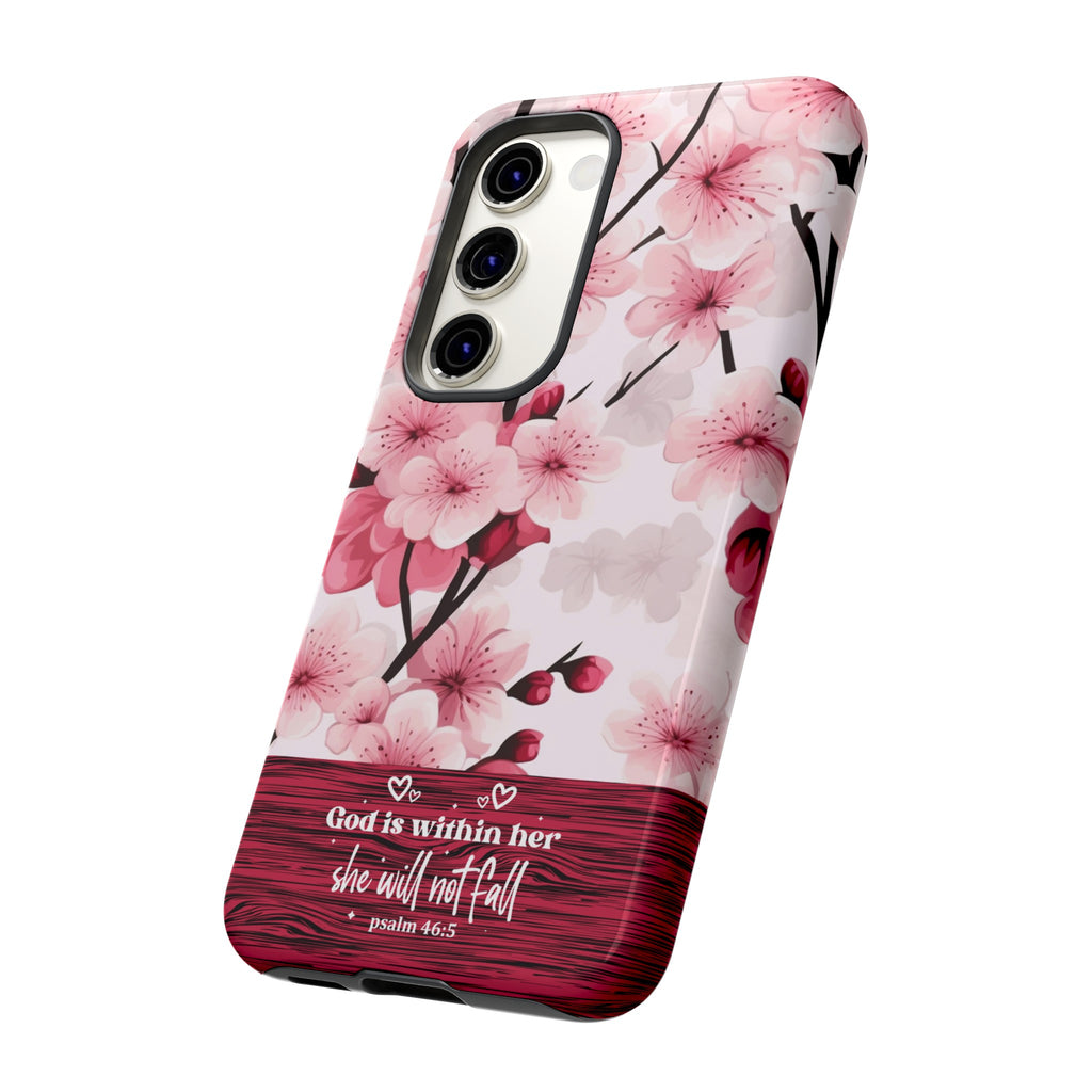 God Is Within Her Psalm 46:5 Floral Cherry Blossom Premium Christian iPhone Samsung Galaxy Google Pixel Phone Case