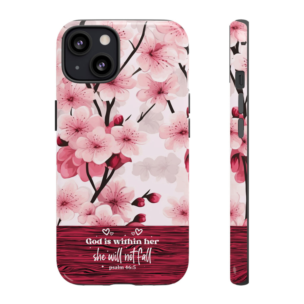 God Is Within Her Psalm 46:5 Floral Cherry Blossom Premium Christian iPhone Samsung Galaxy Google Pixel Phone Case