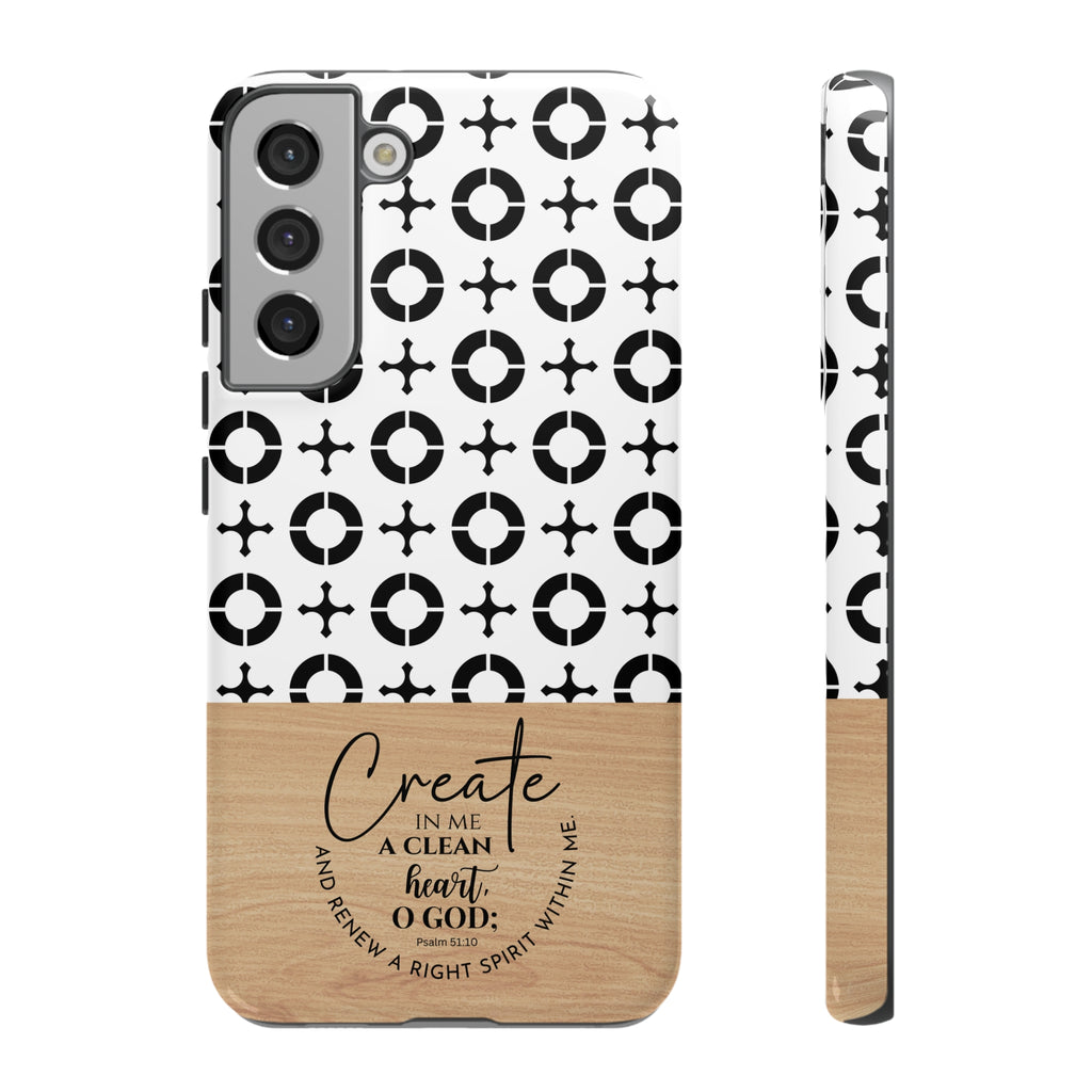 Psalm 51:10 Phone Case Create In Me A Clean Heart Tile Cross Wood Pattern iPhone Samsung Google Pixel Phone Case