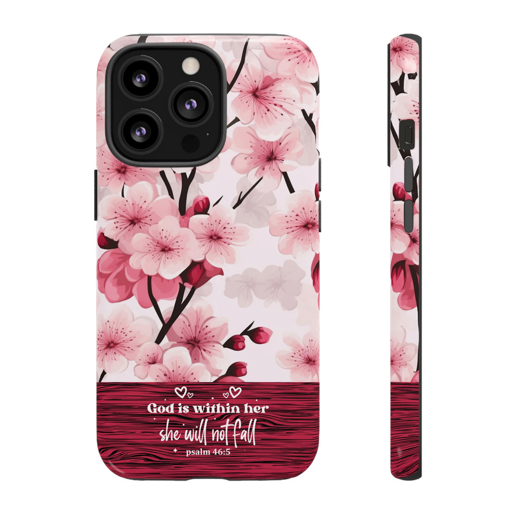 God Is Within Her Psalm 46:5 Floral Cherry Blossom Premium Christian iPhone Samsung Galaxy Google Pixel Phone Case