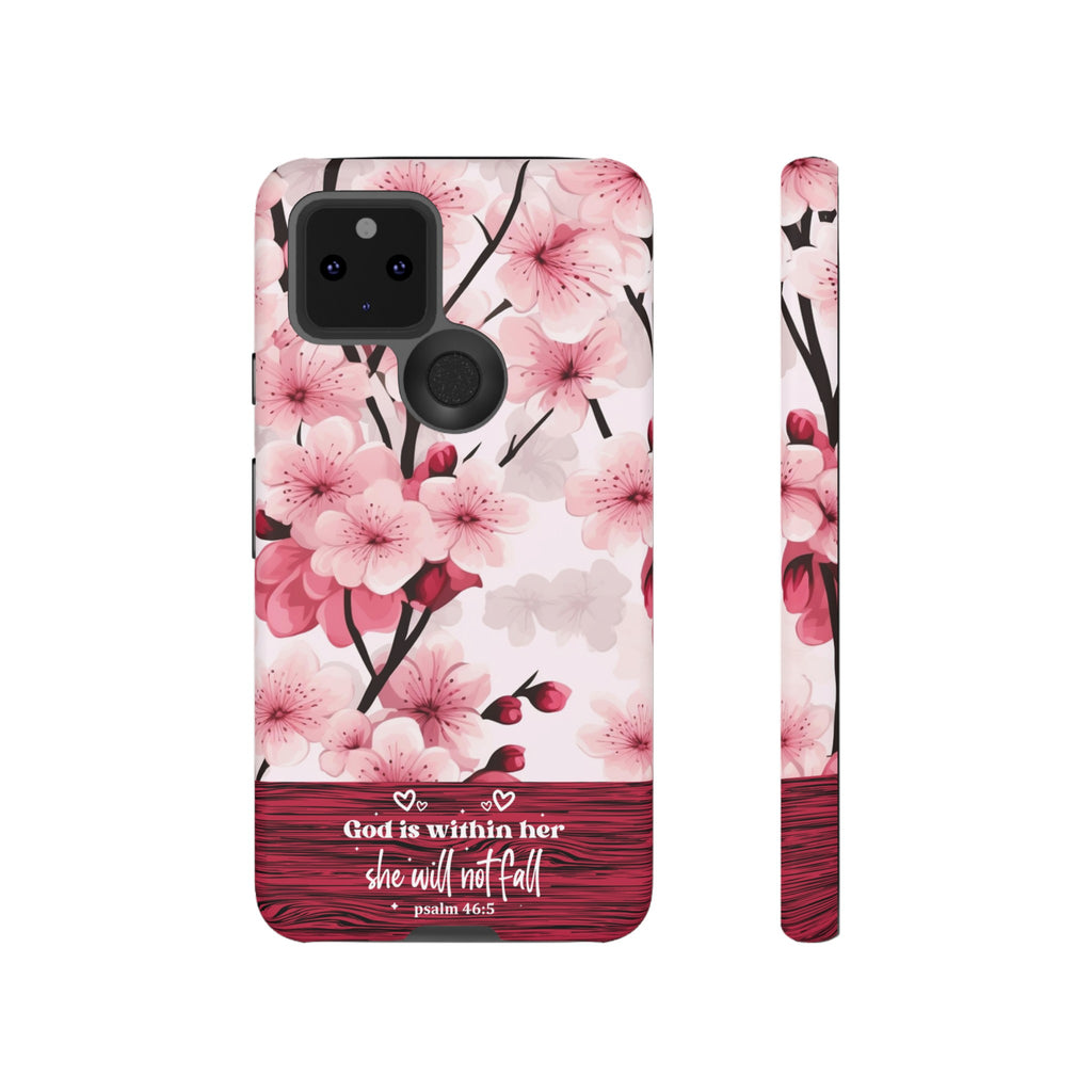 God Is Within Her Psalm 46:5 Floral Cherry Blossom Premium Christian iPhone Samsung Galaxy Google Pixel Phone Case