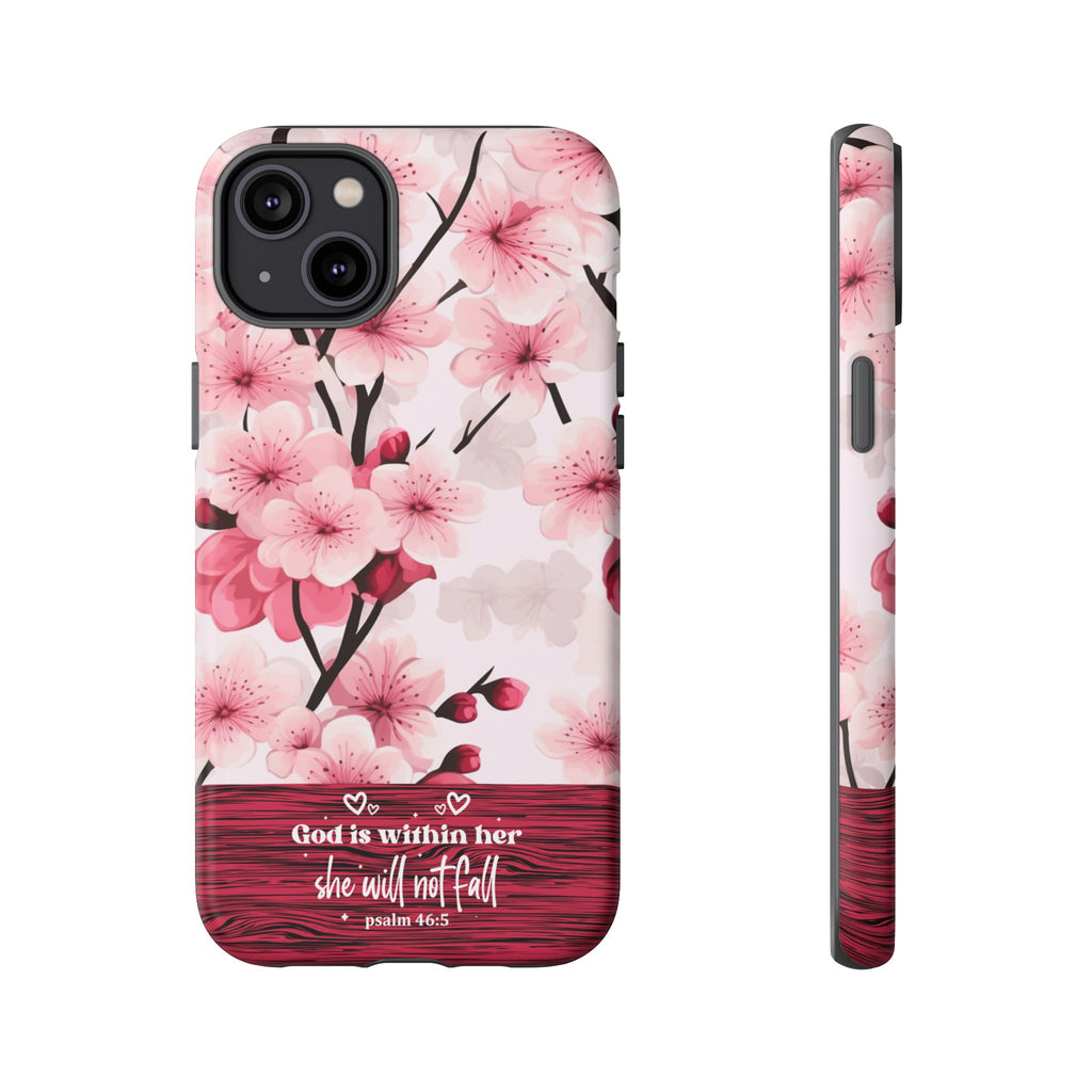 God Is Within Her Psalm 46:5 Floral Cherry Blossom Premium Christian iPhone Samsung Galaxy Google Pixel Phone Case