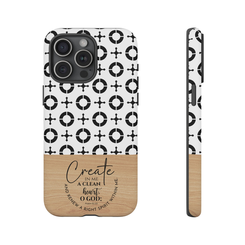 Psalm 51:10 Phone Case Create In Me A Clean Heart Tile Cross Wood Pattern iPhone Samsung Google Pixel Phone Case