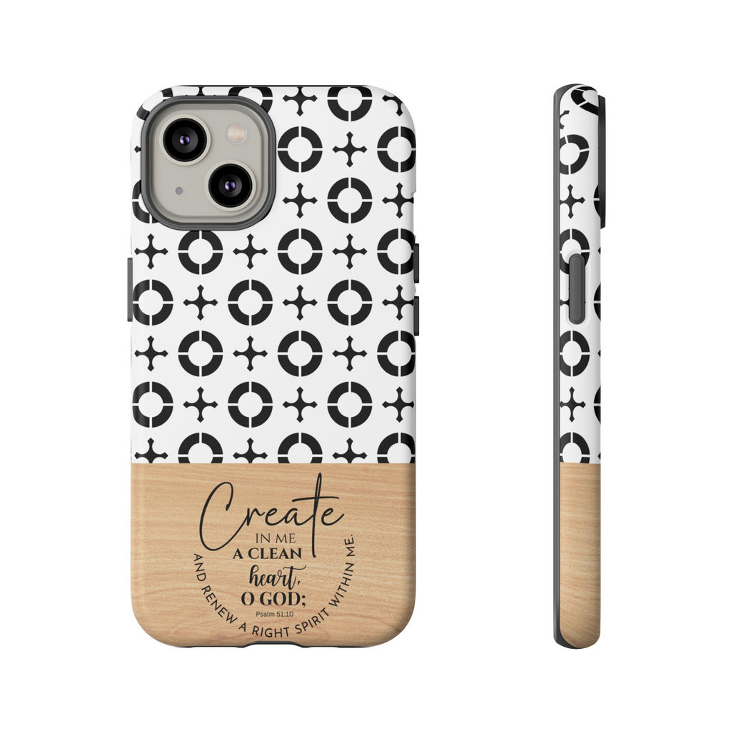 Psalm 51:10 Phone Case Create In Me A Clean Heart Tile Cross Wood Pattern iPhone Samsung Google Pixel Phone Case