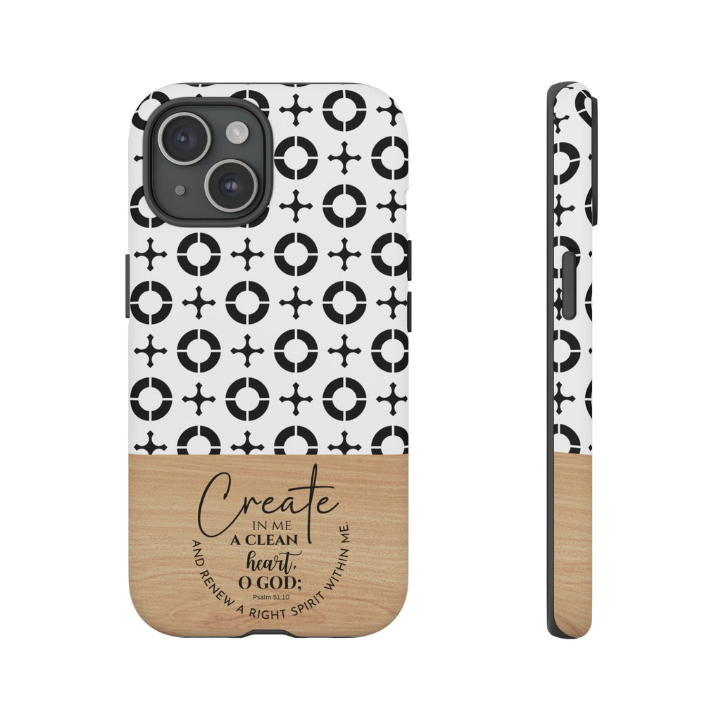 Psalm 51:10 Phone Case Create In Me A Clean Heart Tile Cross Wood Pattern iPhone Samsung Google Pixel Phone Case