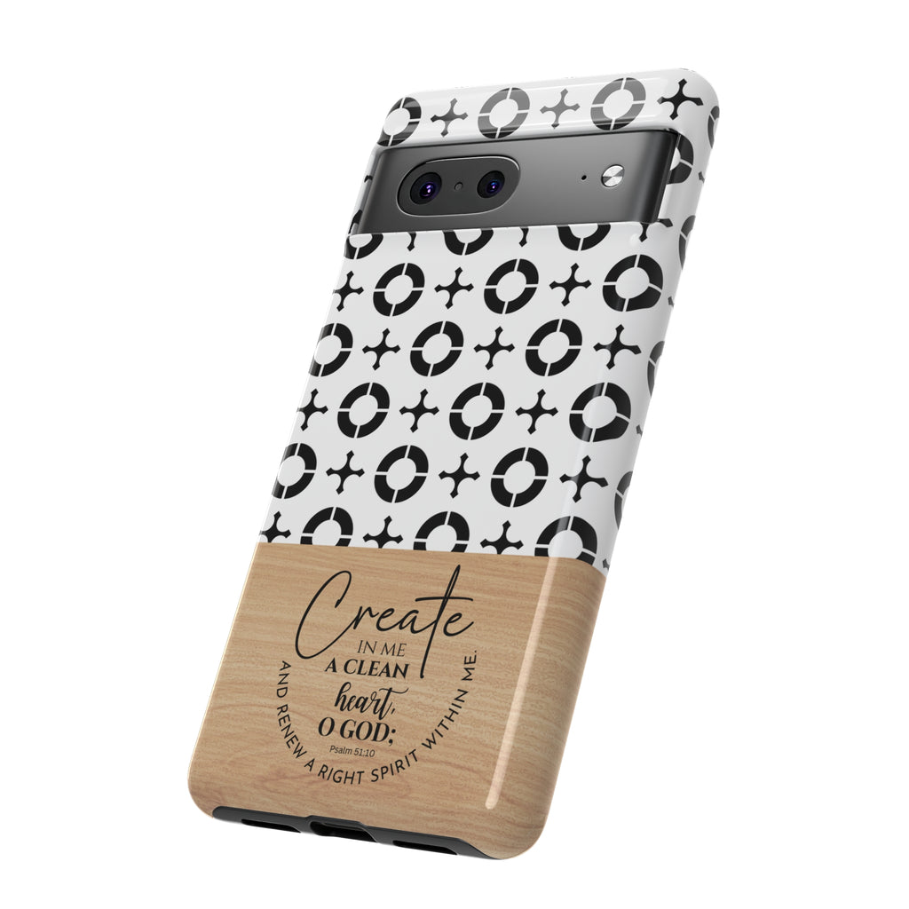 Psalm 51:10 Phone Case Create In Me A Clean Heart Tile Cross Wood Pattern iPhone Samsung Google Pixel Phone Case