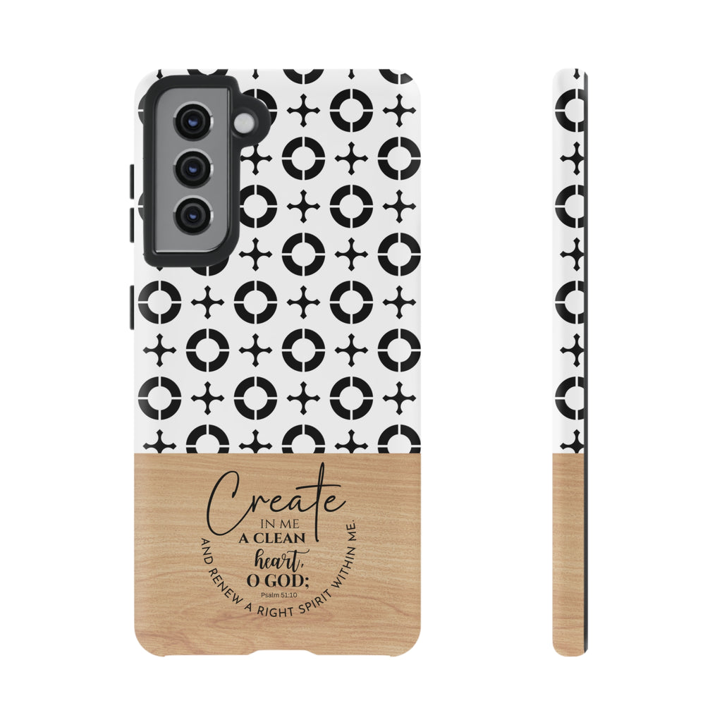 Psalm 51:10 Phone Case Create In Me A Clean Heart Tile Cross Wood Pattern iPhone Samsung Google Pixel Phone Case