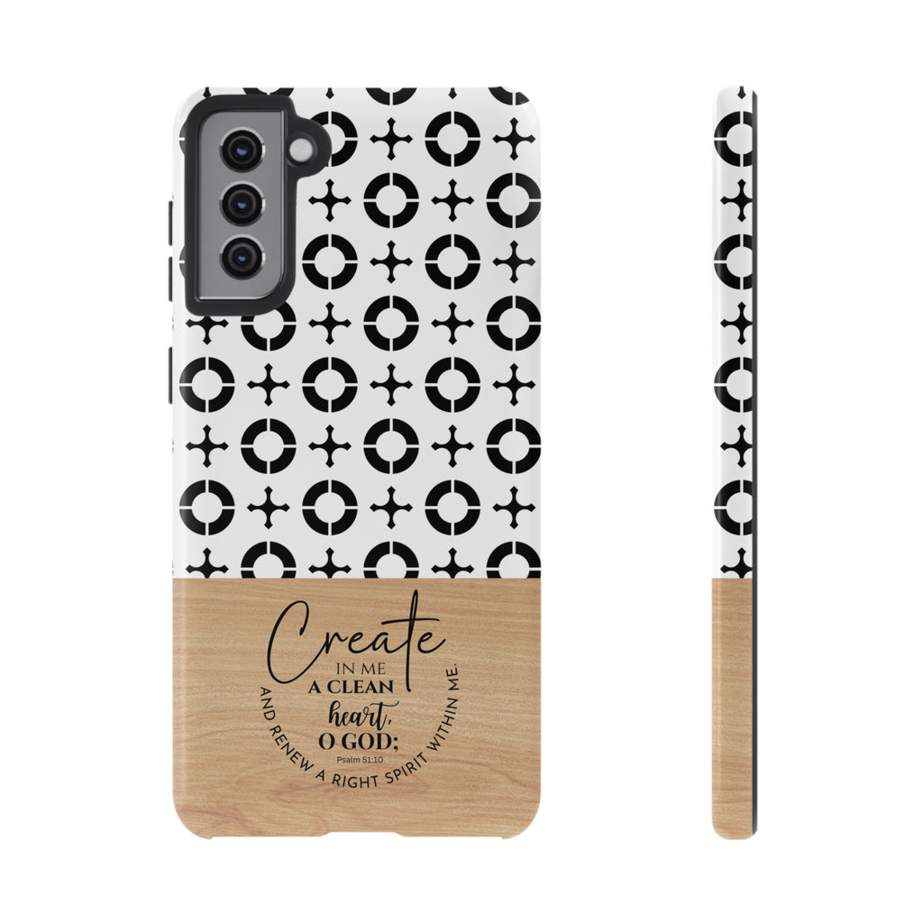 Psalm 51:10 Phone Case Create In Me A Clean Heart Tile Cross Wood Pattern iPhone Samsung Google Pixel Phone Case