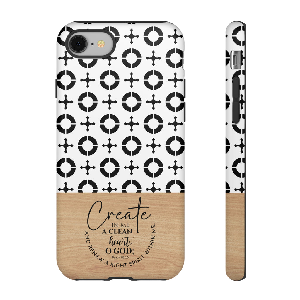 Psalm 51:10 Phone Case Create In Me A Clean Heart Tile Cross Wood Pattern iPhone Samsung Google Pixel Phone Case