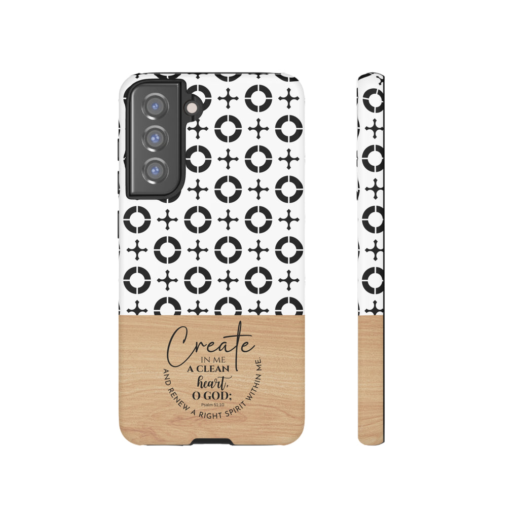 Psalm 51:10 Phone Case Create In Me A Clean Heart Tile Cross Wood Pattern iPhone Samsung Google Pixel Phone Case