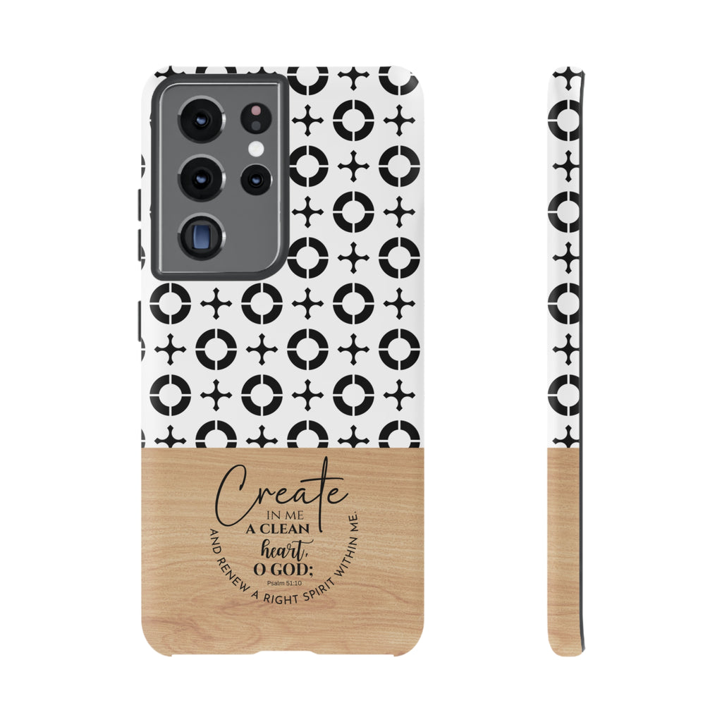 Psalm 51:10 Phone Case Create In Me A Clean Heart Tile Cross Wood Pattern iPhone Samsung Google Pixel Phone Case