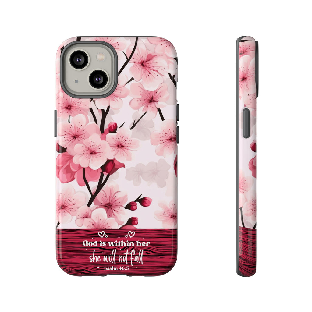 God Is Within Her Psalm 46:5 Floral Cherry Blossom Premium Christian iPhone Samsung Galaxy Google Pixel Phone Case