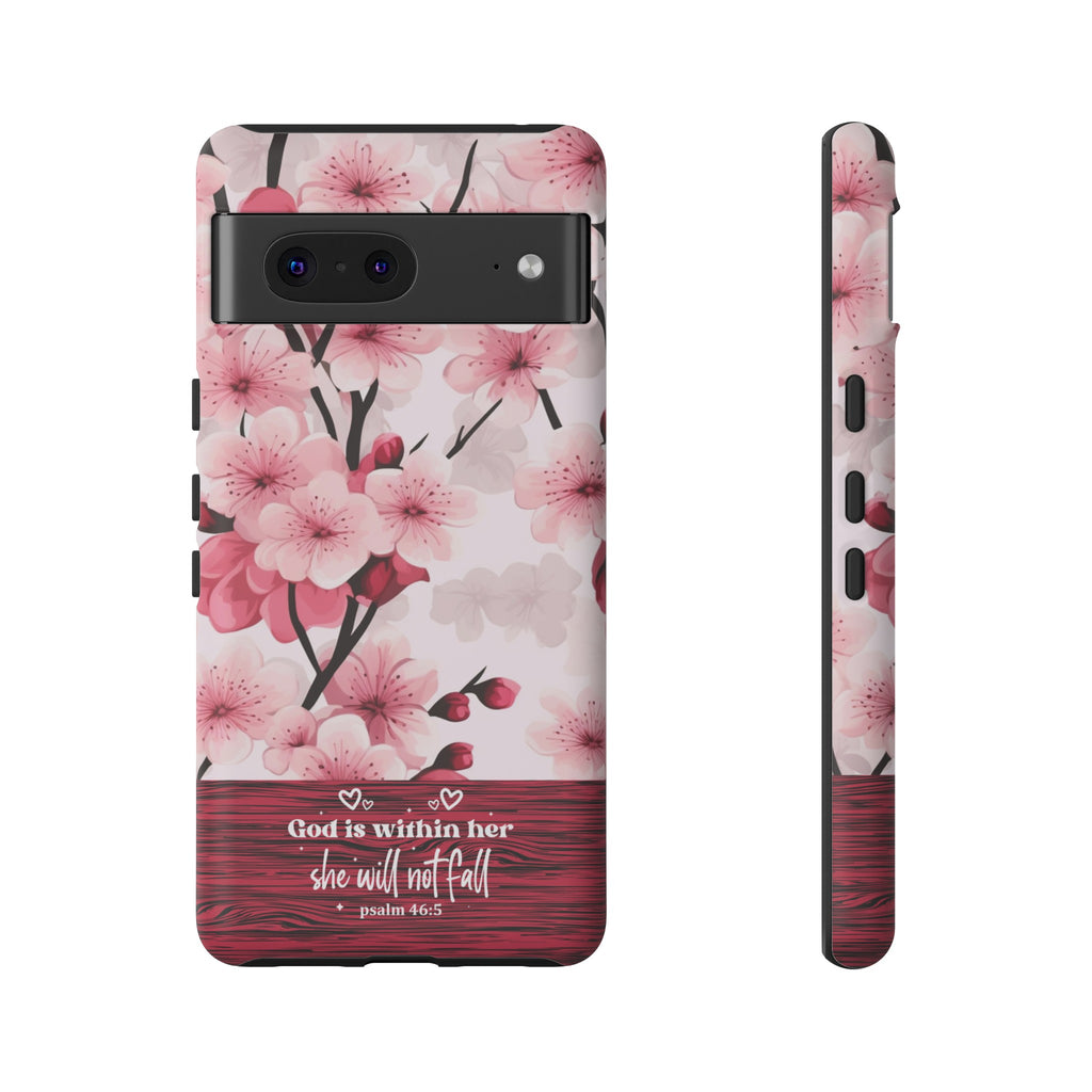 God Is Within Her Psalm 46:5 Floral Cherry Blossom Premium Christian iPhone Samsung Galaxy Google Pixel Phone Case