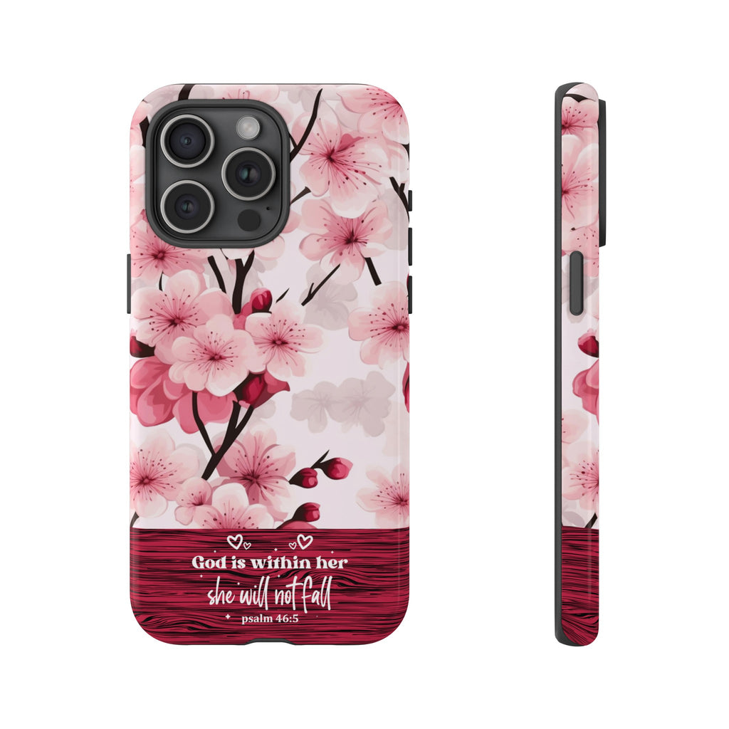 God Is Within Her Psalm 46:5 Floral Cherry Blossom Premium Christian iPhone Samsung Galaxy Google Pixel Phone Case