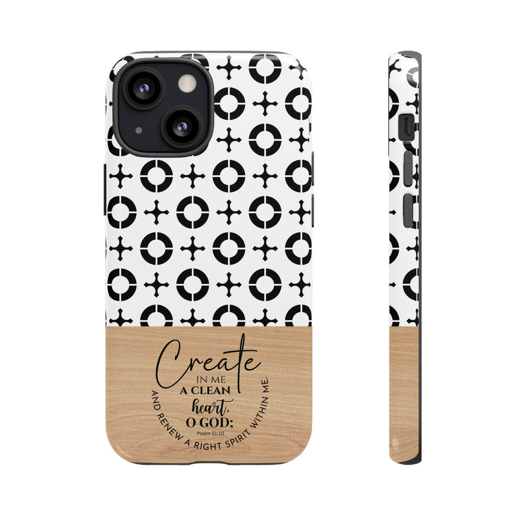 Psalm 51:10 Phone Case Create In Me A Clean Heart Tile Cross Wood Pattern iPhone Samsung Google Pixel Phone Case