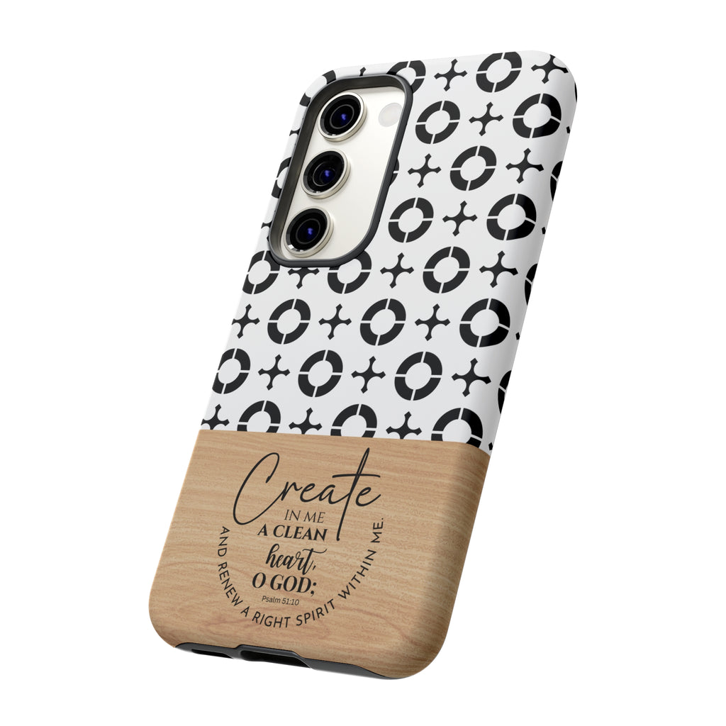 Psalm 51:10 Phone Case Create In Me A Clean Heart Tile Cross Wood Pattern iPhone Samsung Google Pixel Phone Case