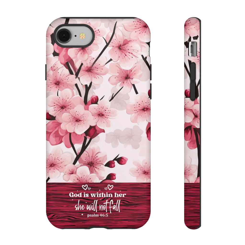 God Is Within Her Psalm 46:5 Floral Cherry Blossom Premium Christian iPhone Samsung Galaxy Google Pixel Phone Case