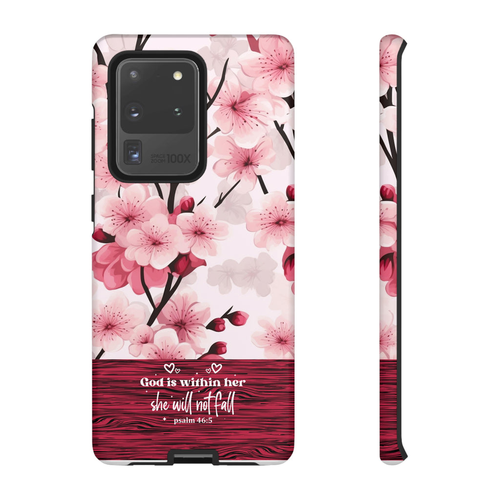 God Is Within Her Psalm 46:5 Floral Cherry Blossom Premium Christian iPhone Samsung Galaxy Google Pixel Phone Case