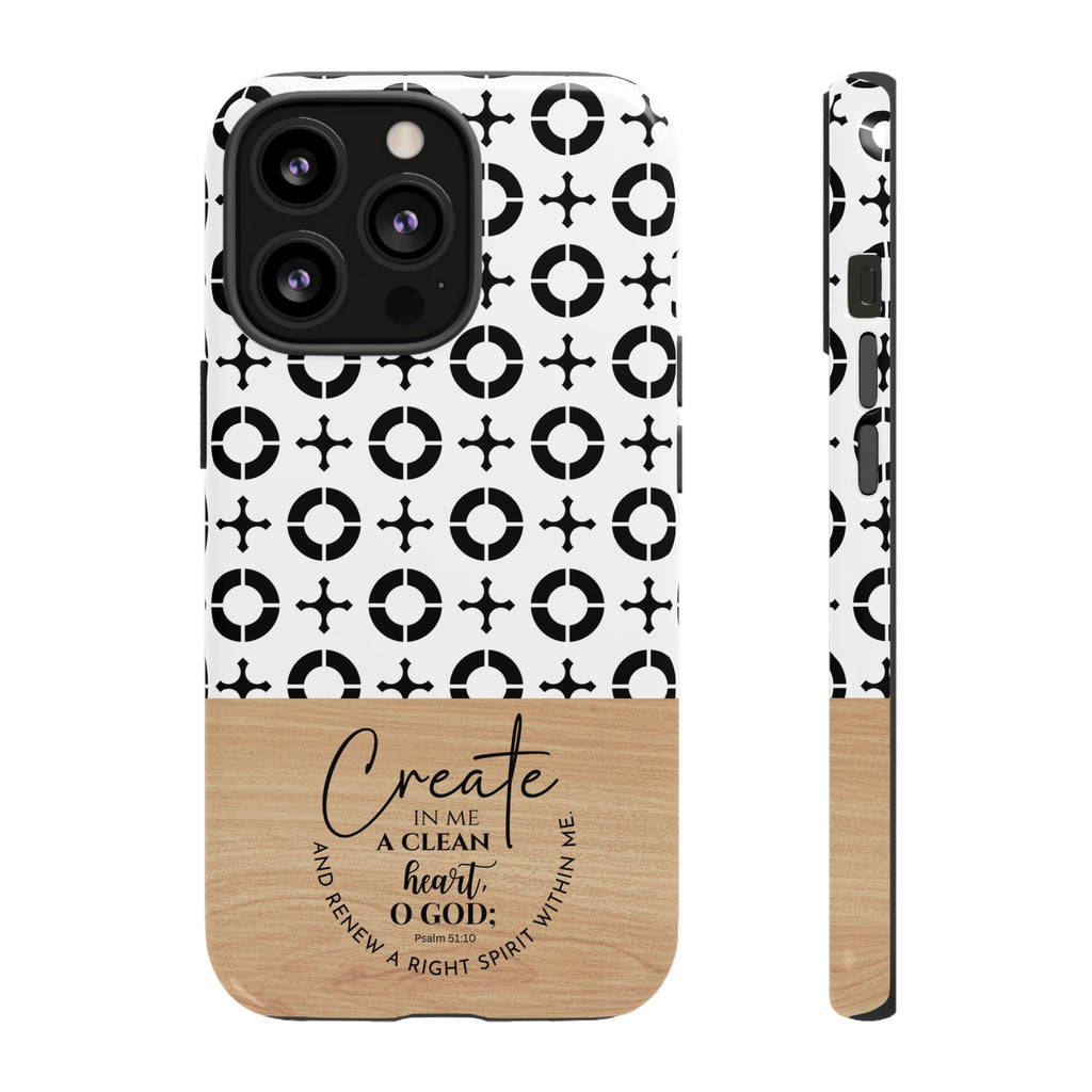 Psalm 51:10 Phone Case Create In Me A Clean Heart Tile Cross Wood Pattern iPhone Samsung Google Pixel Phone Case